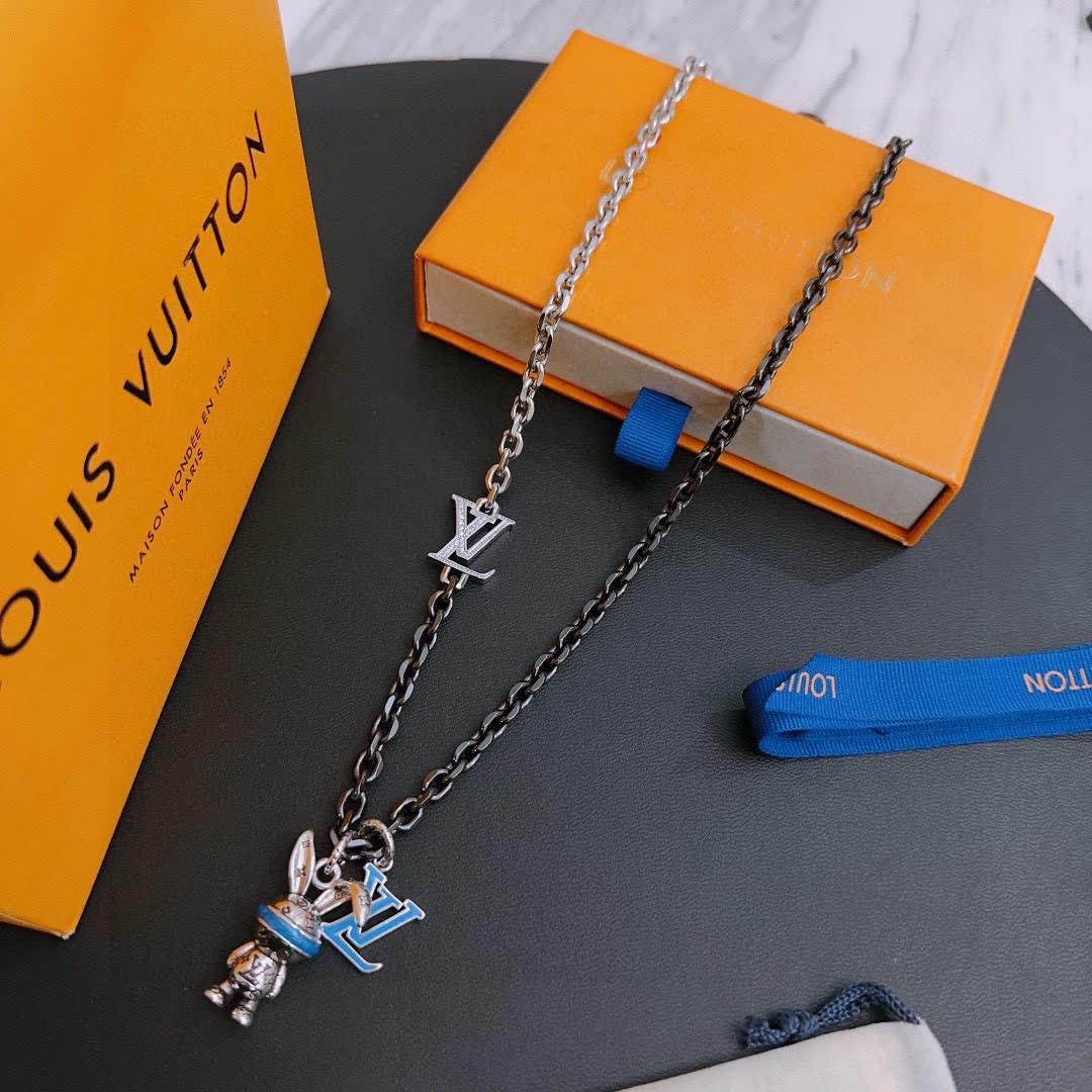 Louis Vuitton Silver Chain Necklace with LV Logo and Bunny Charm